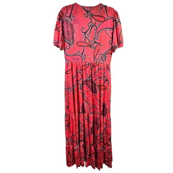Womens Pink Paisley Floral Print V Neck Button Front Tiered Maxi Dress Size 12 - Picture 5 of 8